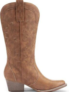 Women,s All Brown Faux Leather Cowboy Boots Mid Cowgirl Chunky Heel Boots